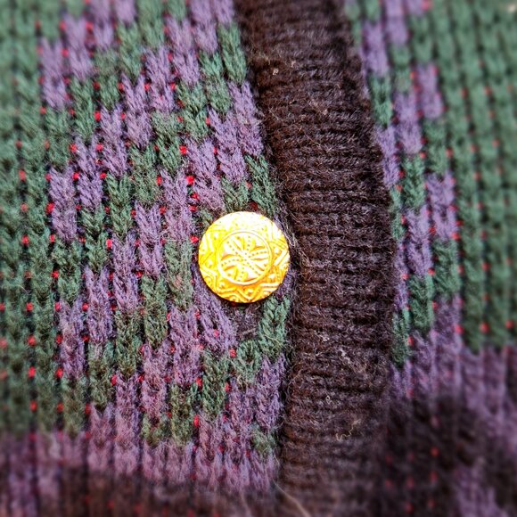 VTG Liz Baker Multicolor Plaid Cardigan Sweater Pockets Gold Buttons Grandma - Picture 5 of 13